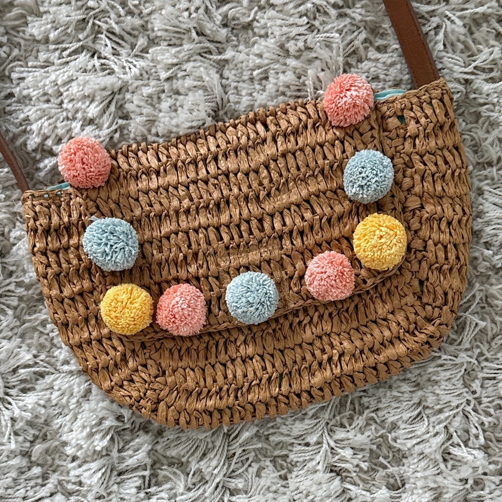 Seafolly Straw Purse Shoulder Bag Pom Pom Brown Pink Beach Summer Vacation - Picture 2 of 5